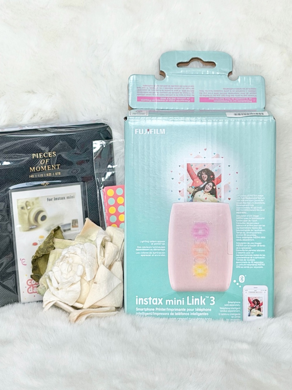 Fujifilm instax mini LINK 3 smartphone Printer in Rose Pink bundle w/photo book,